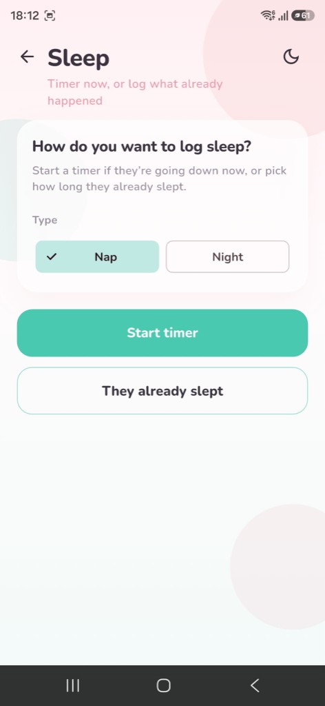 Sleep screen with nap or night and timer options